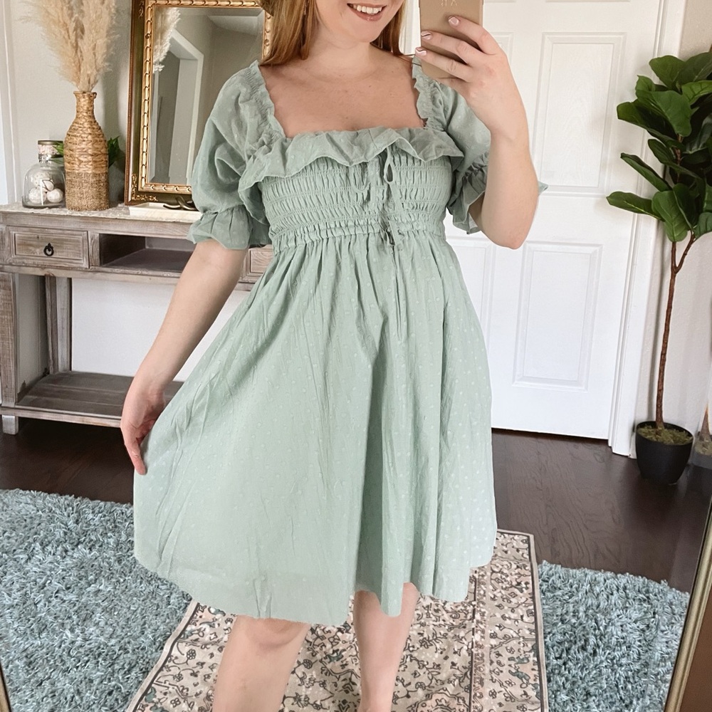R Vivimos (M) Summer Cotton Milk Maid Puff Sleeves Backless Ruffled Mini Dress